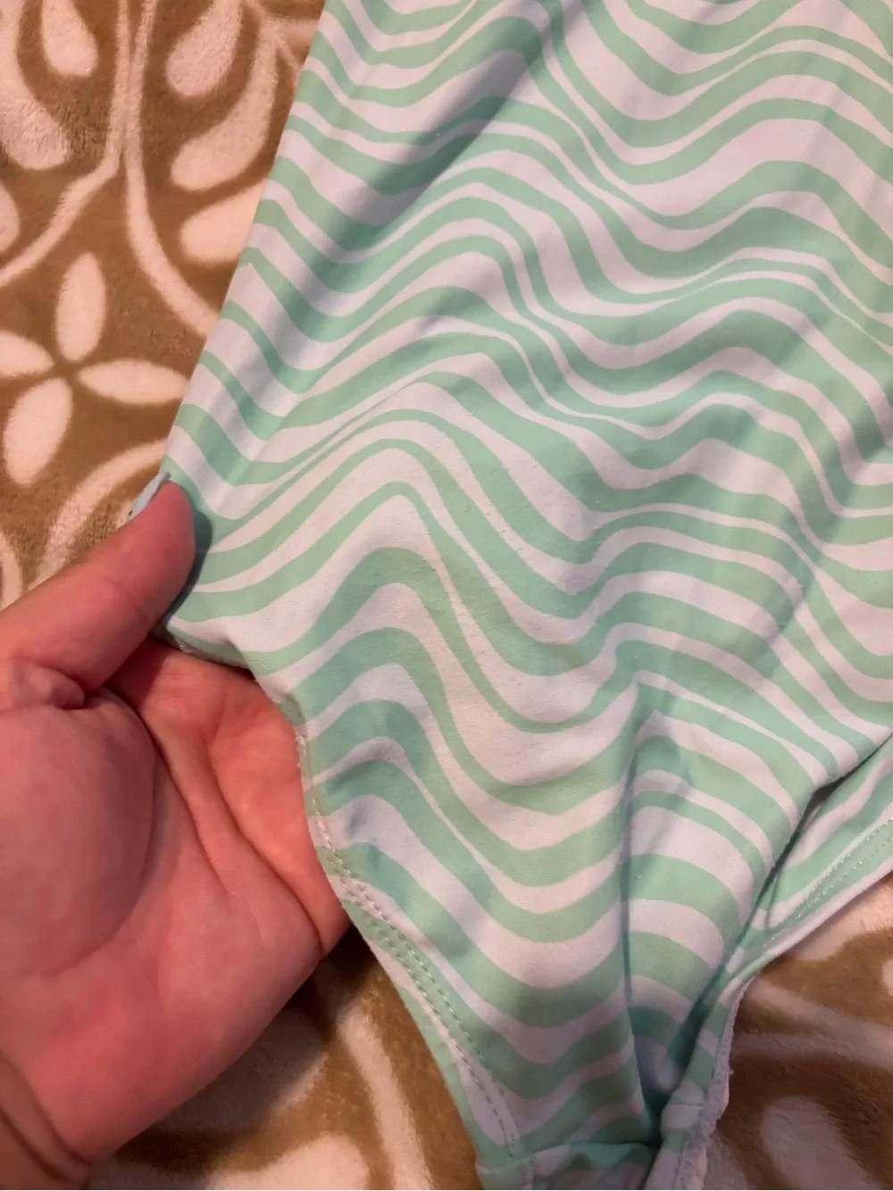 Cotton On Kids Aqua and White Wavy Stripe One-Piece with Puff Sleeves